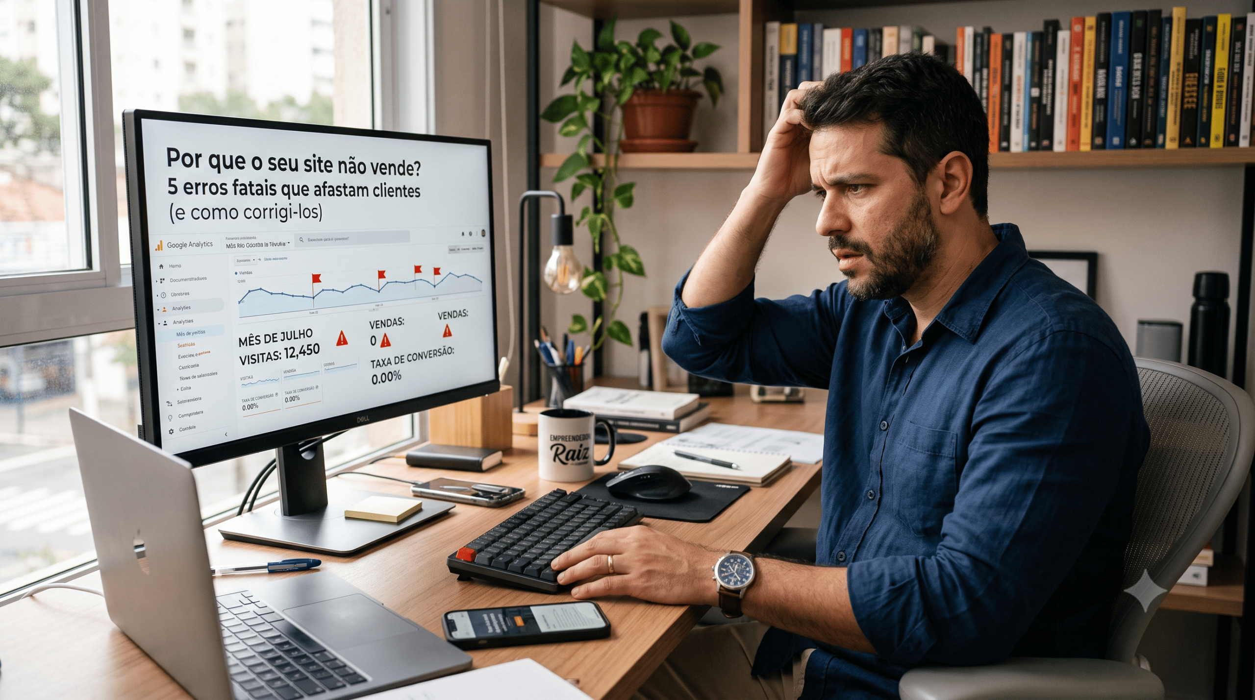 Empreendedor confuso no escritório olhando para a tela do computador com alto tráfego e zero vendas no site.