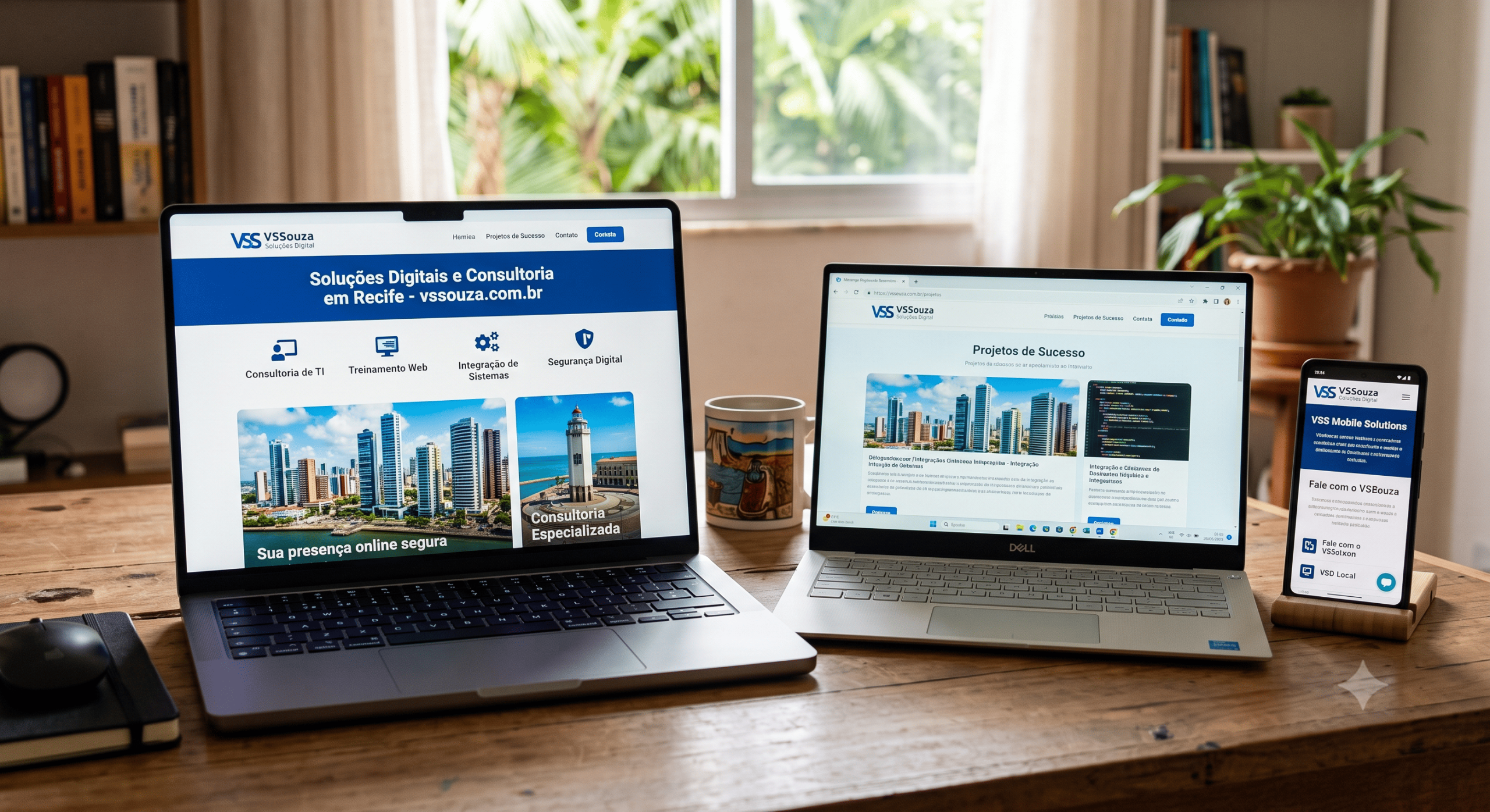 Telas de notebooks mostrando um site e um celular ao lado